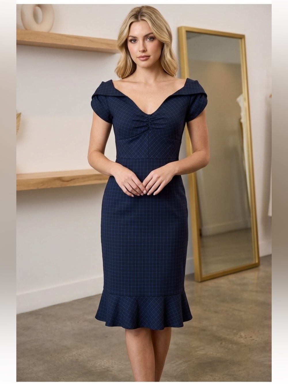 Maeve Anthropologie Women Midi Dress Size 8 Navy Blue Check Party Cocktail